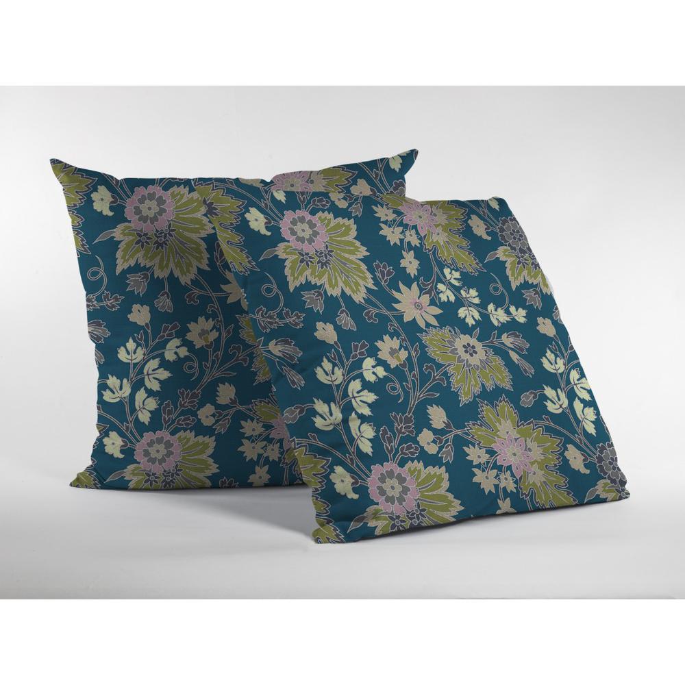 16” Teal Green Jacobean Indoor Outdoor Zippered Throw Pillow. Picture 2