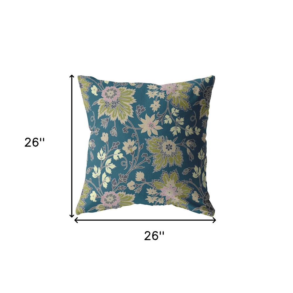 26” Teal Green Jacobean Indoor Outdoor Zippered Throw Pillow. Picture 5