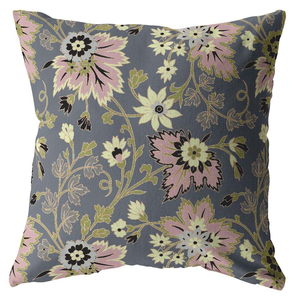 16” Gray Pink Jacobean Indoor Outdoor Zippered Throw Pillow. Picture 1