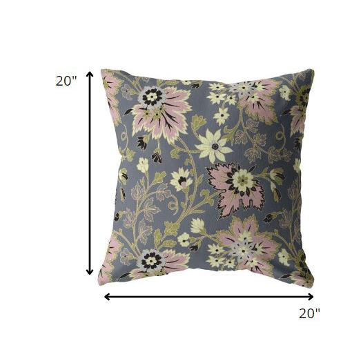 20” Gray Pink Jacobean Indoor Outdoor Zippered Throw Pillow. Picture 5
