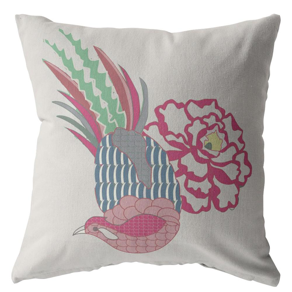 18” Pink White Peacock Indoor Outdoor Zippered Throw Pillow. Picture 1