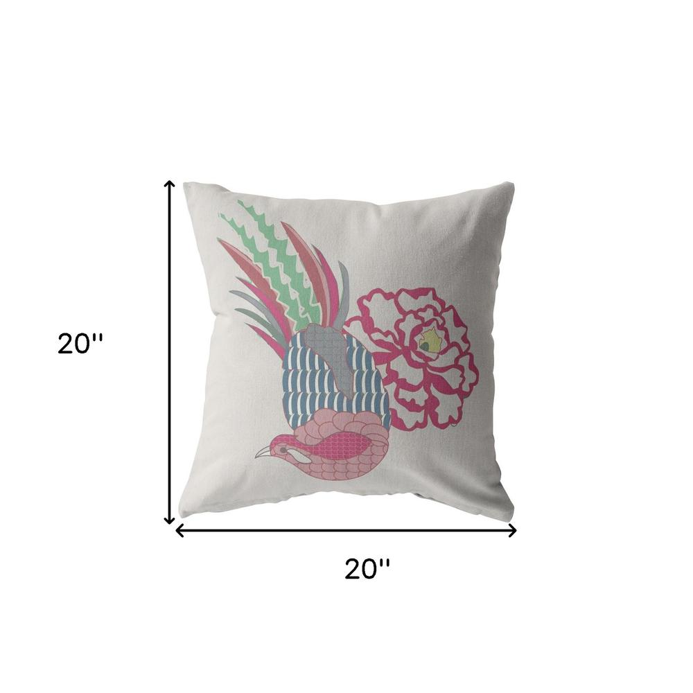 20” Pink White Peacock Indoor Outdoor Zippered Throw Pillow. Picture 5