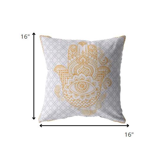 16” Gold Gray Hamsa Indoor Outdoor Zippered Throw Pillow. Picture 5