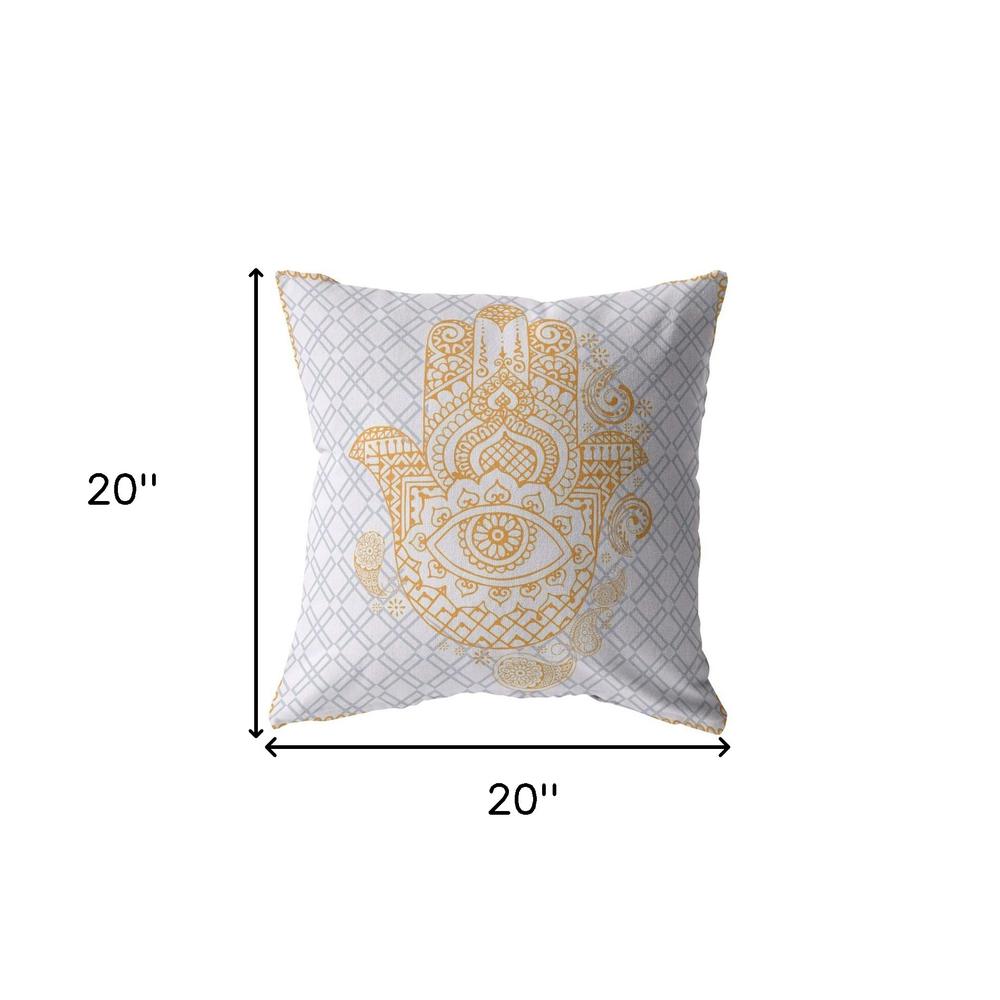 20” Gold Gray Hamsa Indoor Outdoor Zippered Throw Pillow. Picture 5
