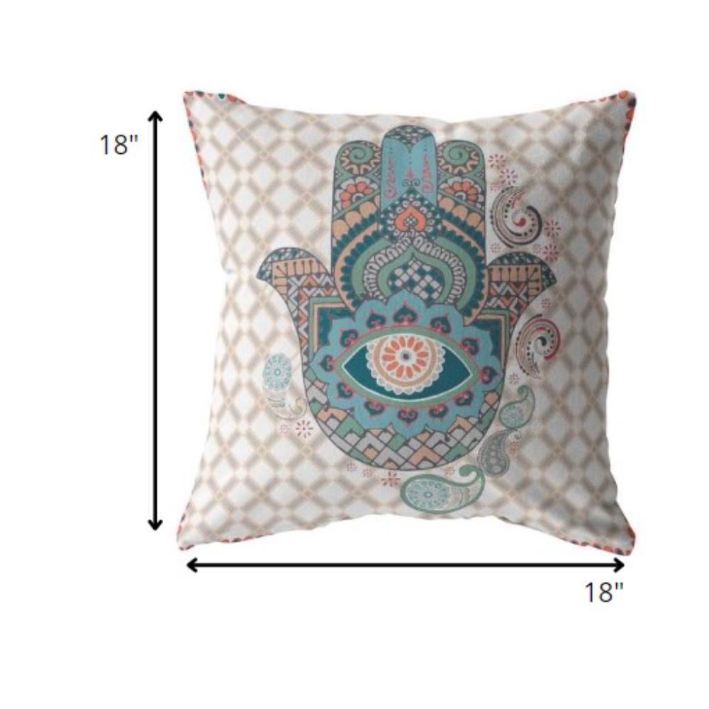 18” Blue Gray Hamsa Indoor Outdoor Zippered Throw Pillow. Picture 5