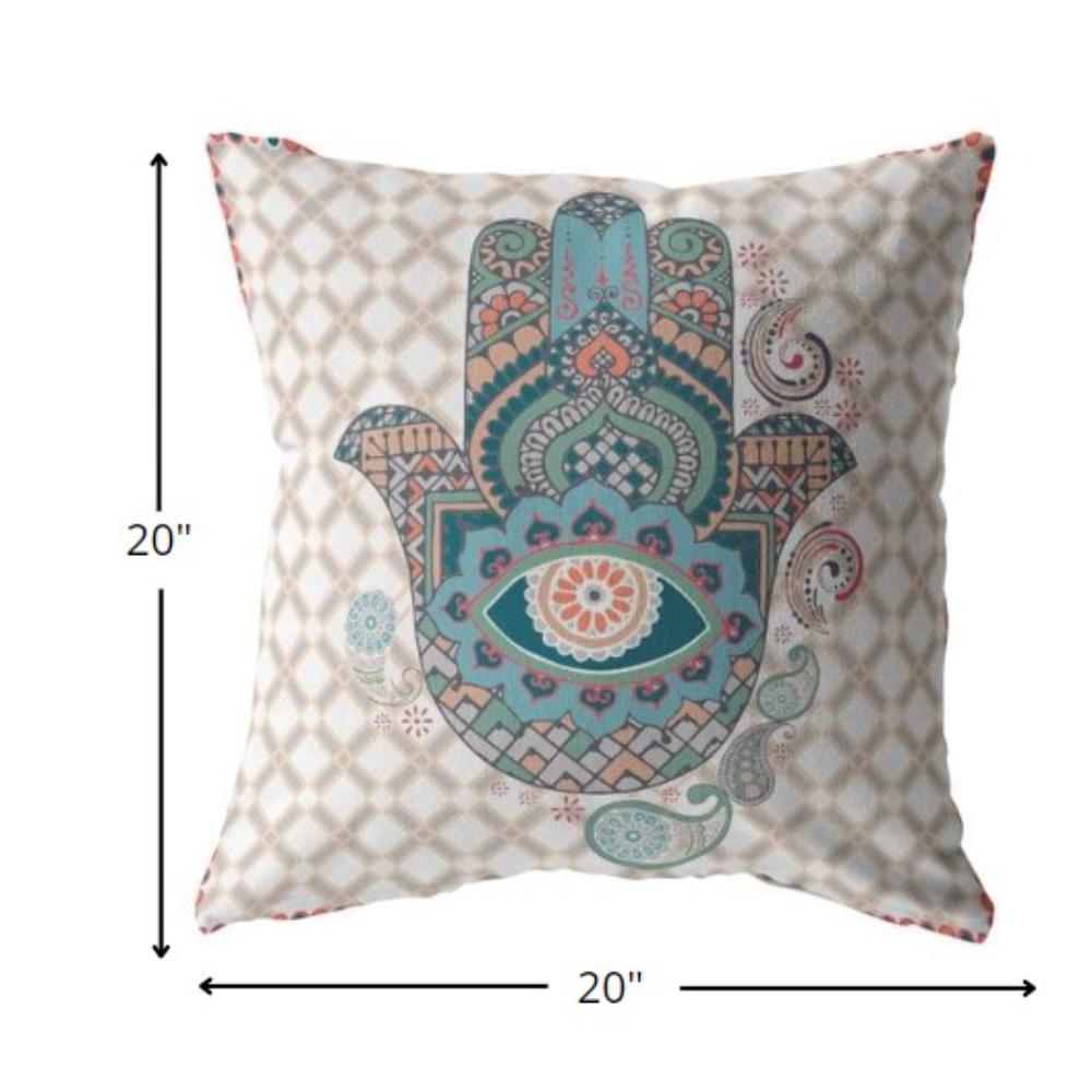20” Blue Gray Hamsa Indoor Outdoor Zippered Throw Pillow. Picture 5