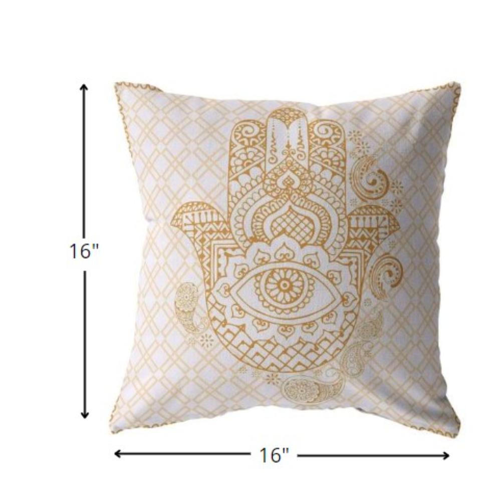 16” Gold White Hamsa Indoor Outdoor Zippered Throw Pillow. Picture 5