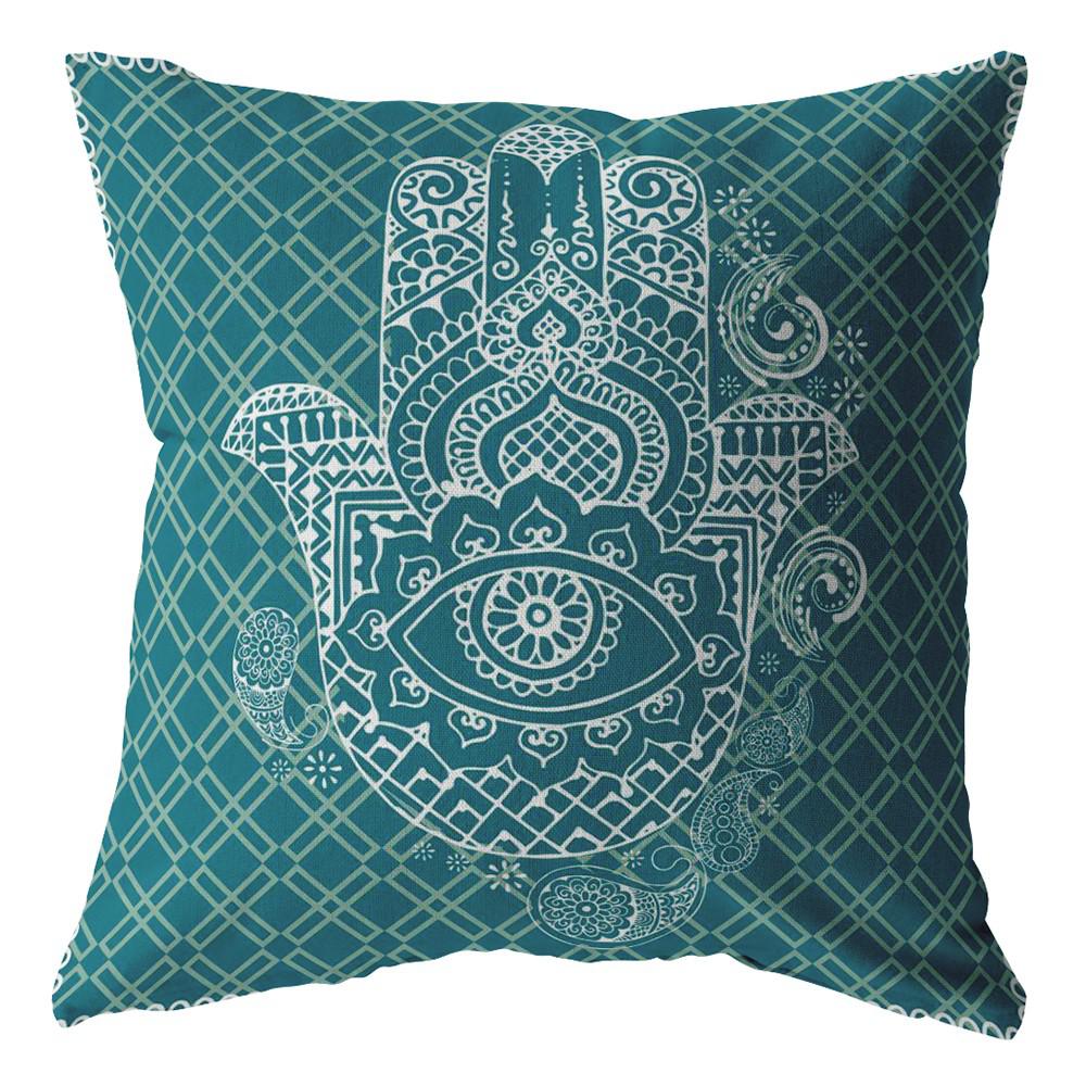 20” Teal White Hamsa Indoor Outdoor Zippered Throw Pillow. Picture 1