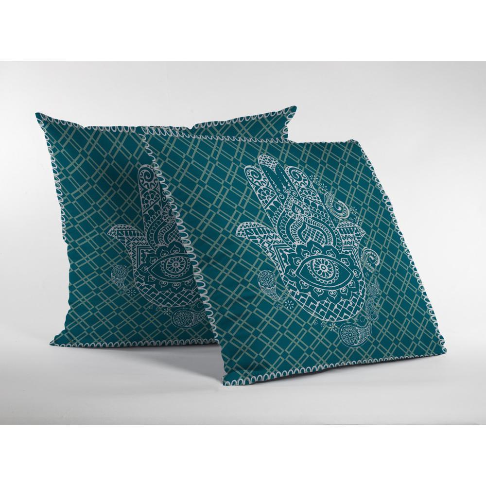 20” Teal White Hamsa Indoor Outdoor Zippered Throw Pillow. Picture 2