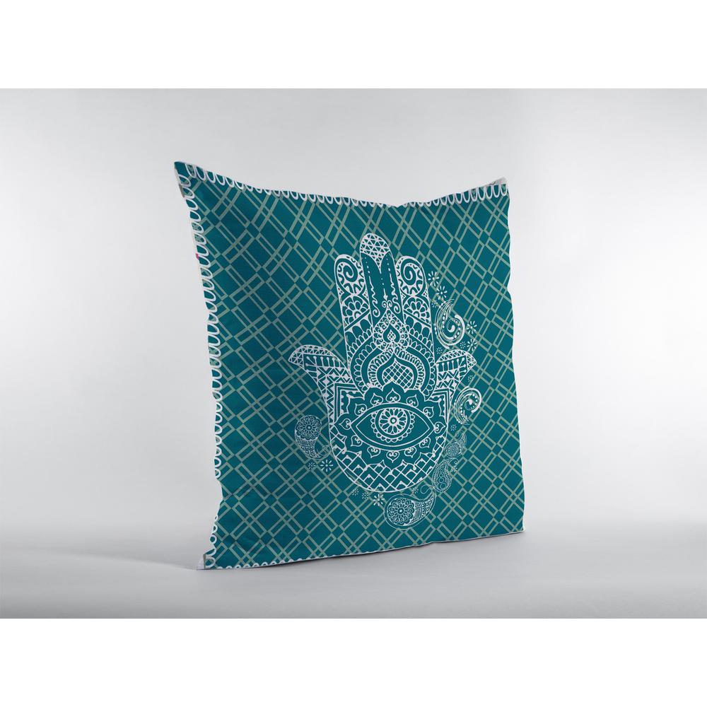 20” Teal White Hamsa Indoor Outdoor Zippered Throw Pillow. Picture 3