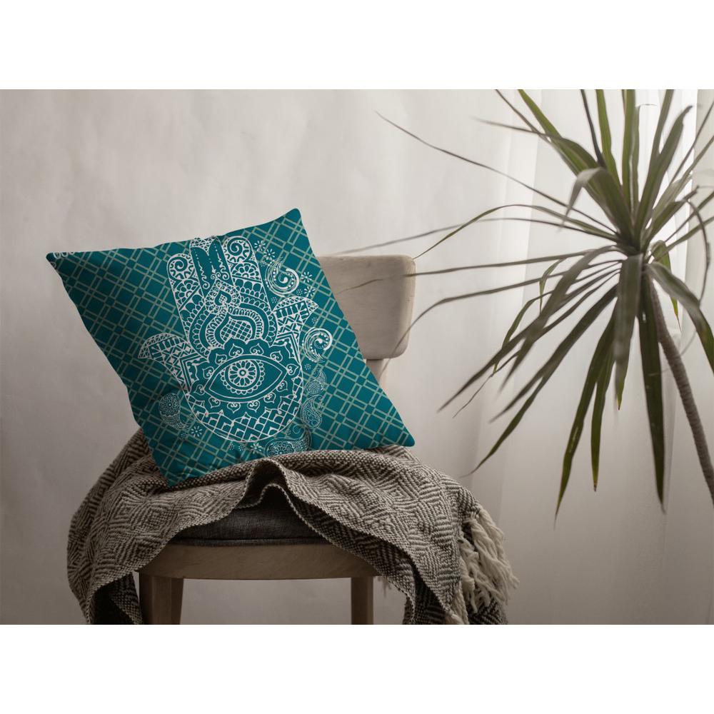 20” Teal White Hamsa Indoor Outdoor Zippered Throw Pillow. Picture 4