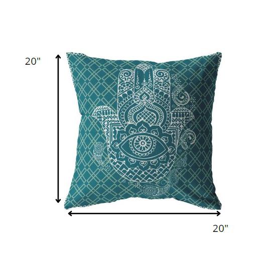 20” Teal White Hamsa Indoor Outdoor Zippered Throw Pillow. Picture 5