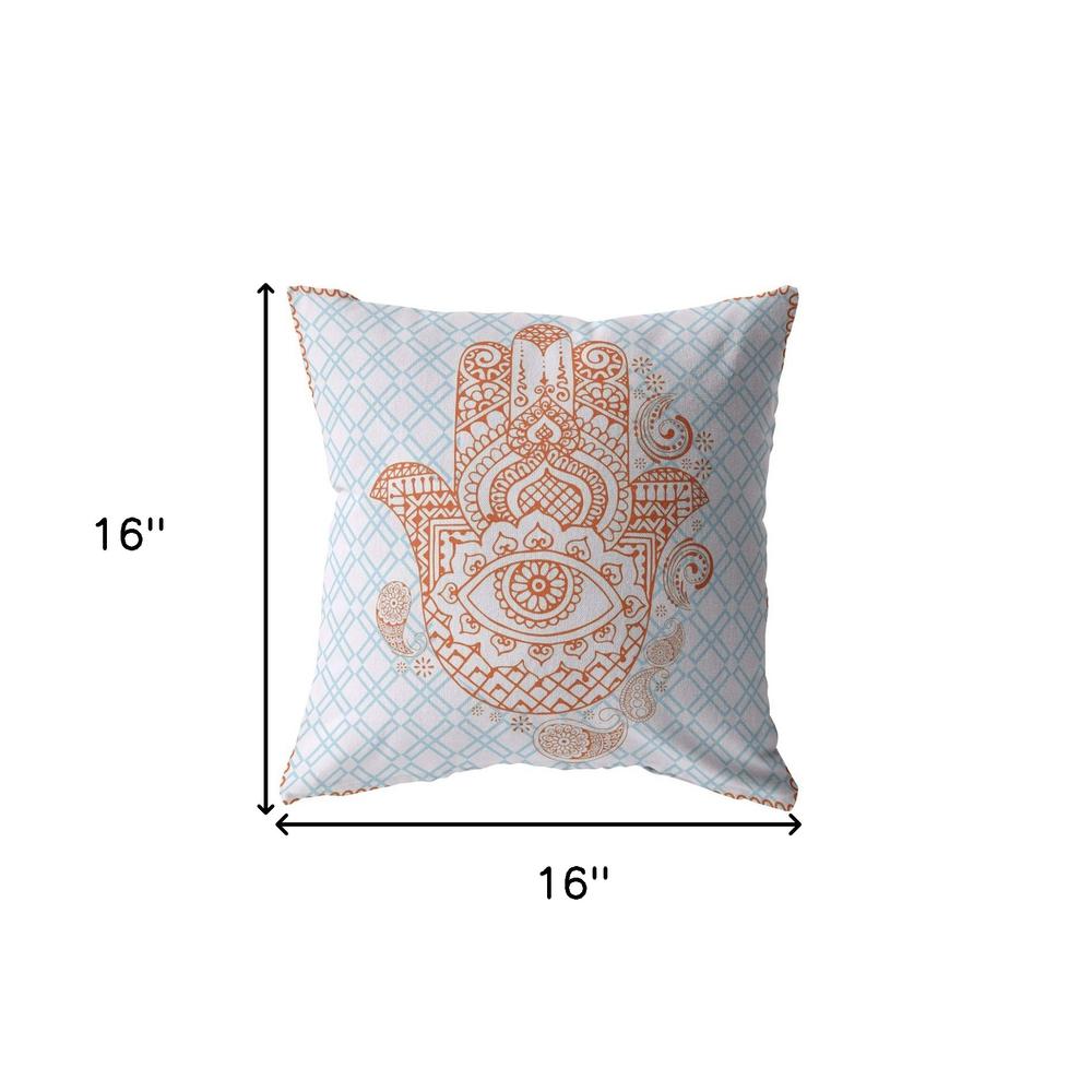 16” Blue Orange Hamsa Indoor Outdoor Zippered Throw Pillow. Picture 5