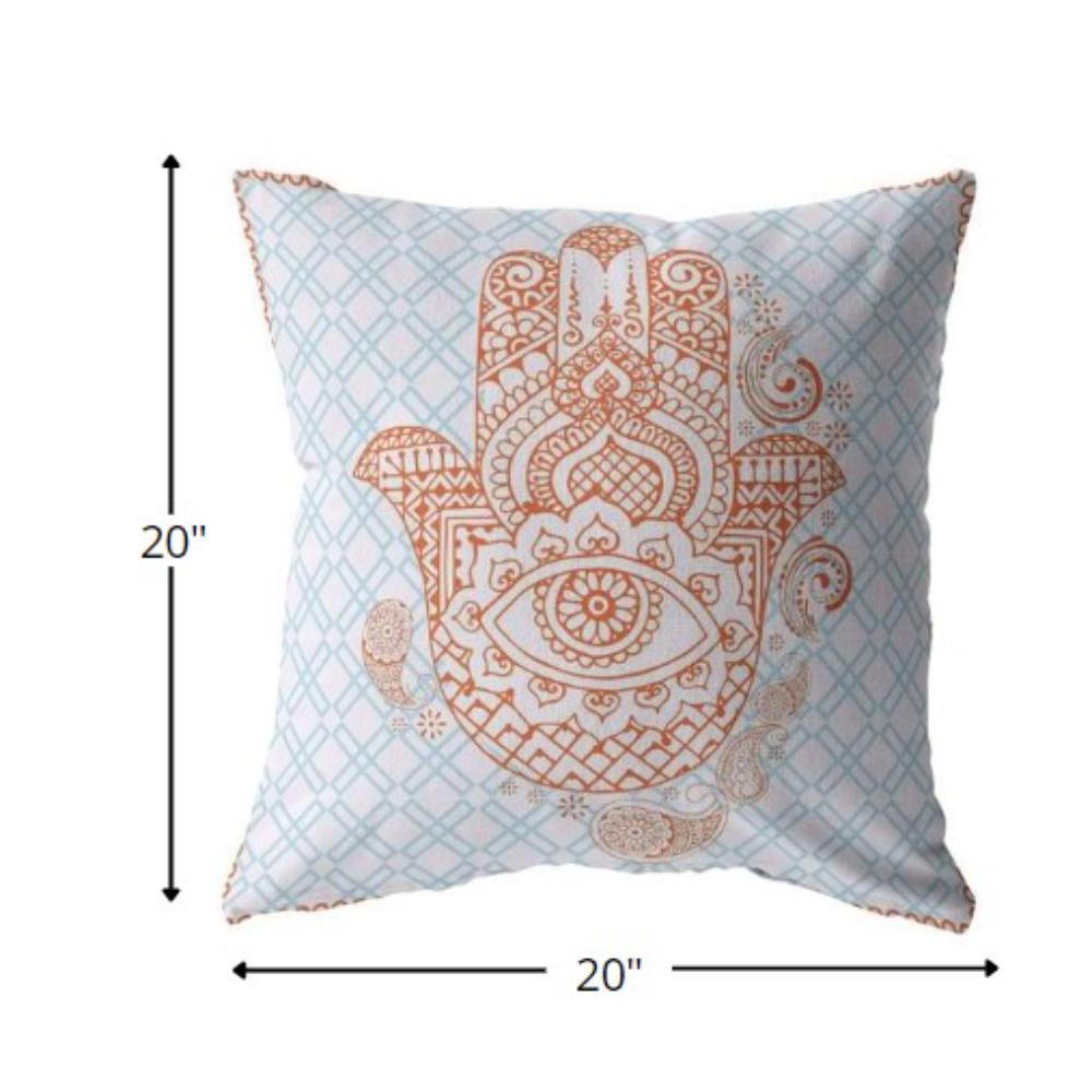 20” Blue Orange Hamsa Indoor Outdoor Zippered Throw Pillow. Picture 5