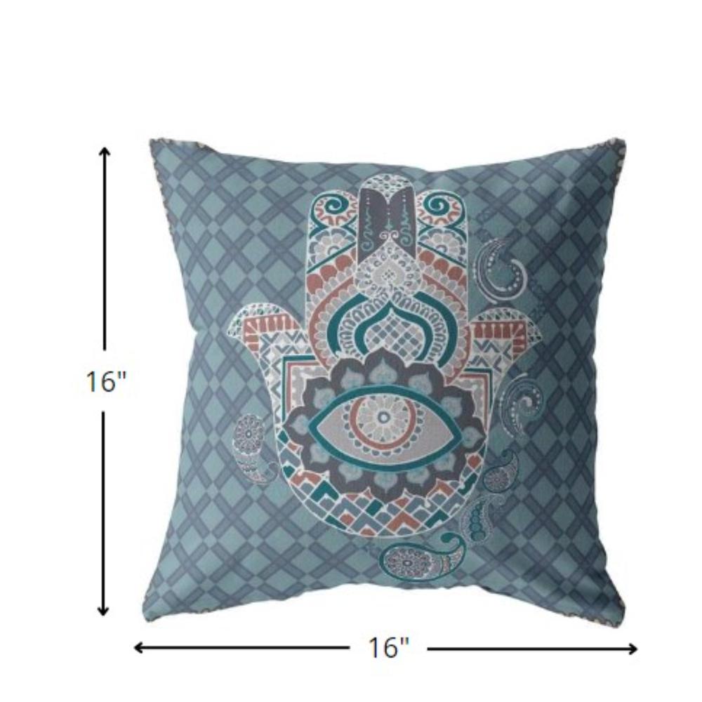 16” Slate Blue Hamsa Indoor Outdoor Zippered Throw Pillow. Picture 5