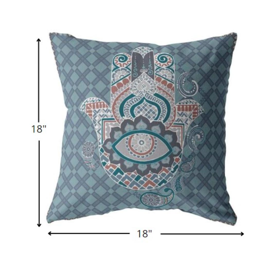 18” Slate Blue Hamsa Indoor Outdoor Zippered Throw Pillow. Picture 5