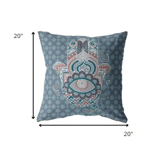 20” Slate Blue Hamsa Indoor Outdoor Zippered Throw Pillow. Picture 5