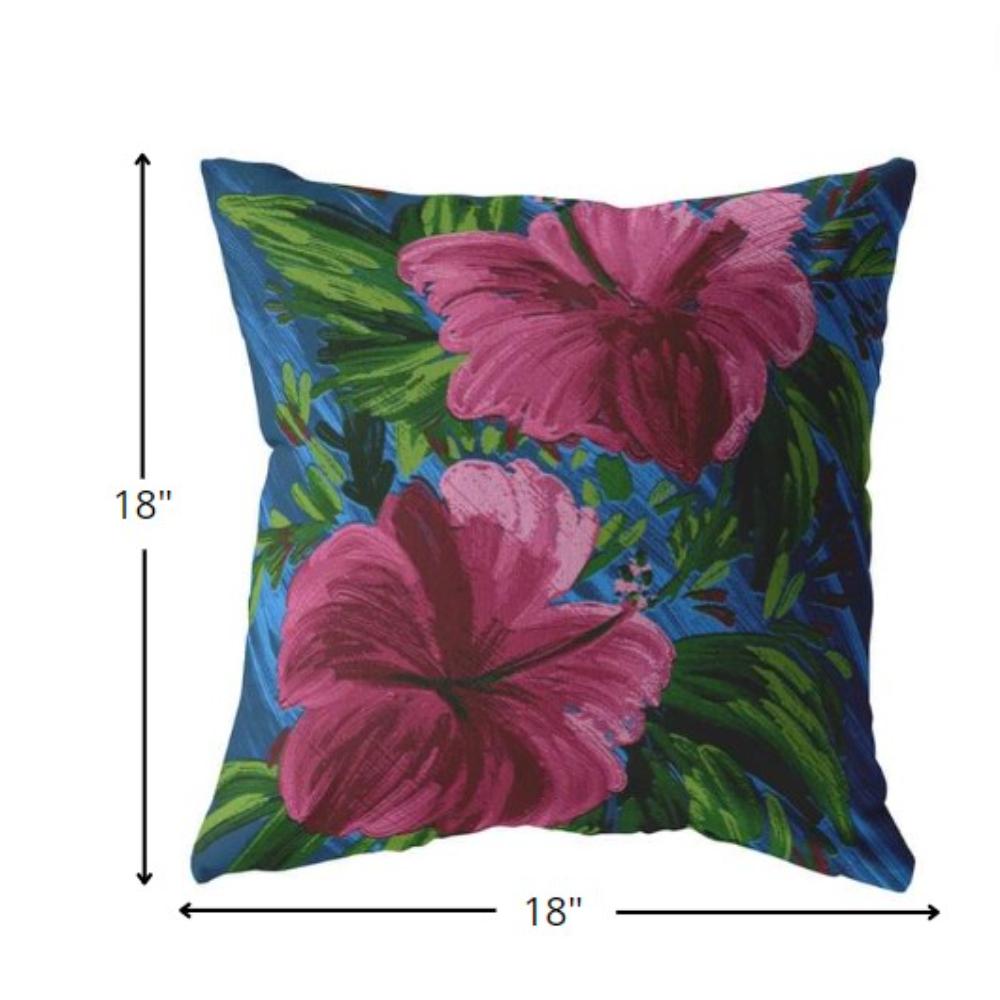 18” Pink Blue Hibiscus Indoor Outdoor Zippered Throw Pillow. Picture 5