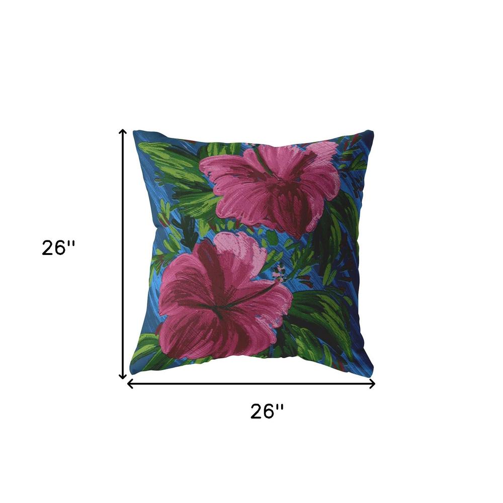 26” Pink Blue Hibiscus Indoor Outdoor Zippered Throw Pillow. Picture 5