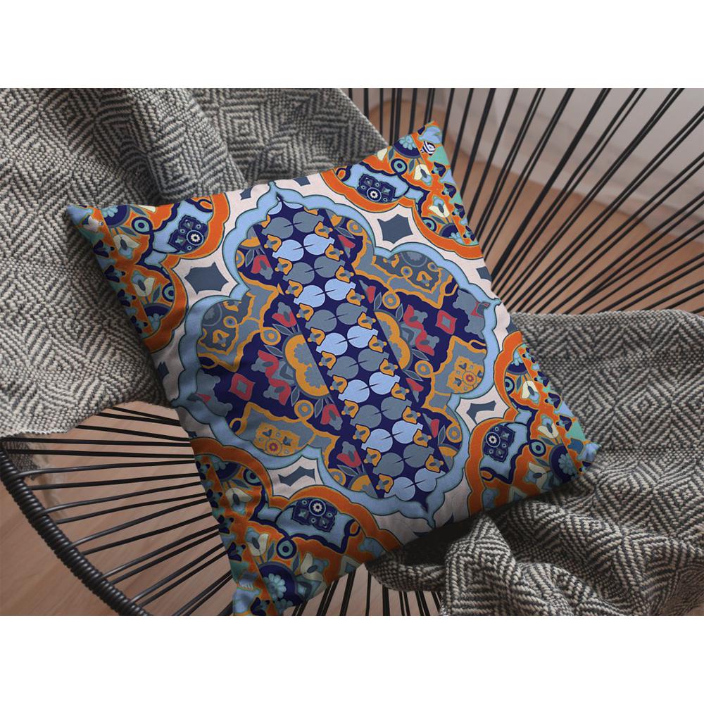 16" Orange Blue Boho Indoor Outdoor Zippered Throw Pillow. Picture 4