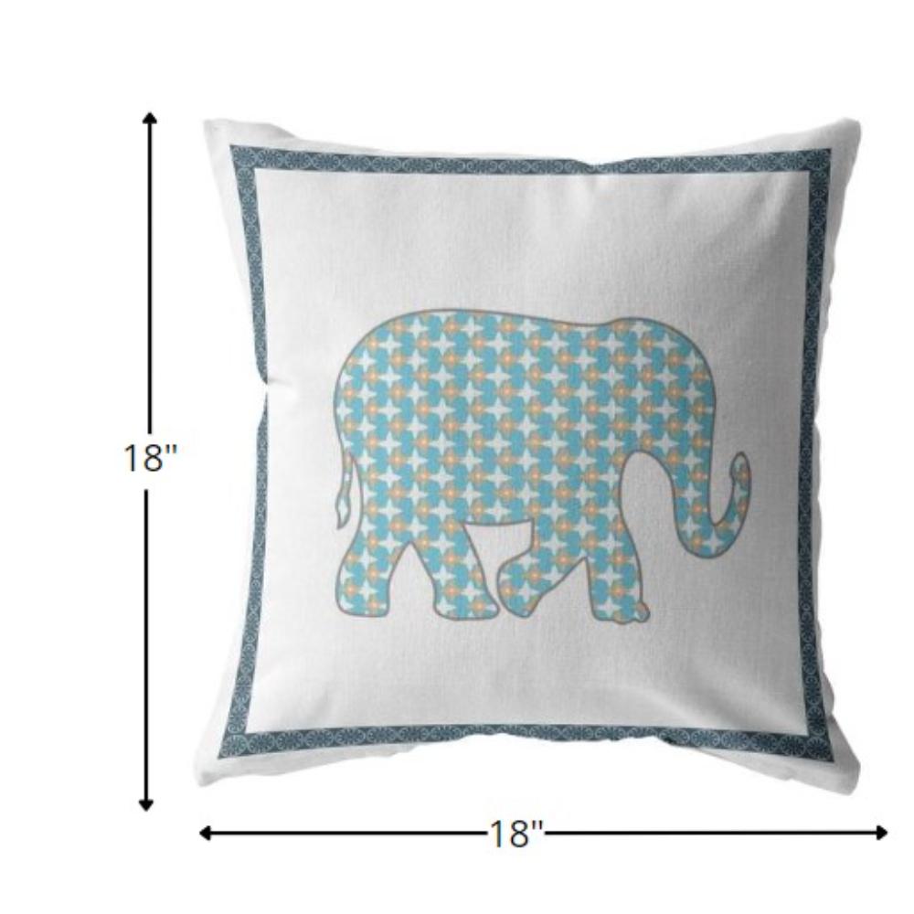18” Blue White Elephant Indoor Outdoor Zippered Throw Pillow. Picture 5