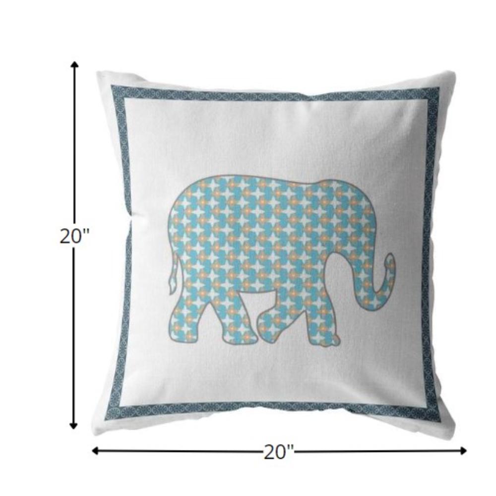 20” Blue White Elephant Indoor Outdoor Zippered Throw Pillow. Picture 5
