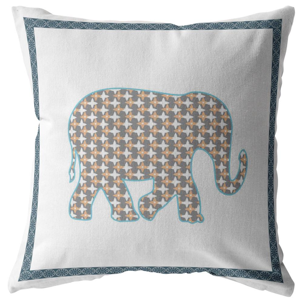 16” Gold White Elephant Indoor Outdoor Zippered Throw Pillow. Picture 1