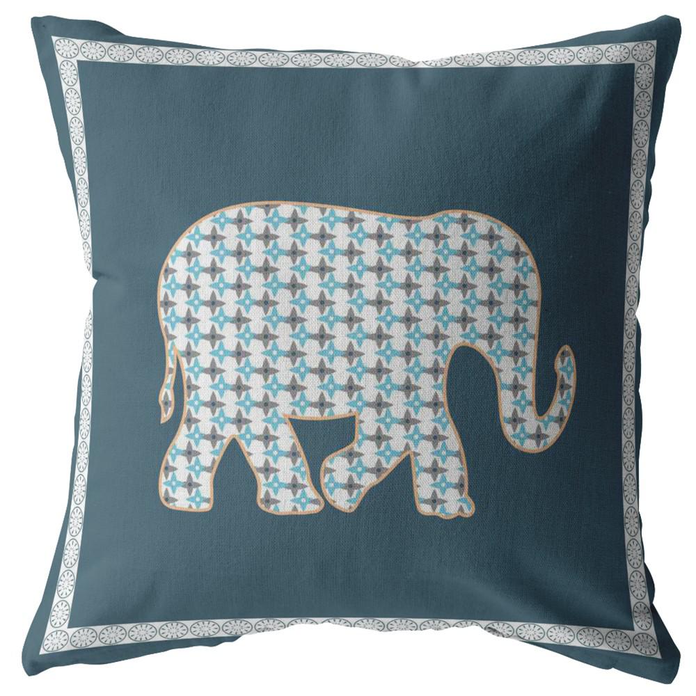 16” Spruce Blue Elephant Indoor Outdoor Zippered Throw Pillow. Picture 1