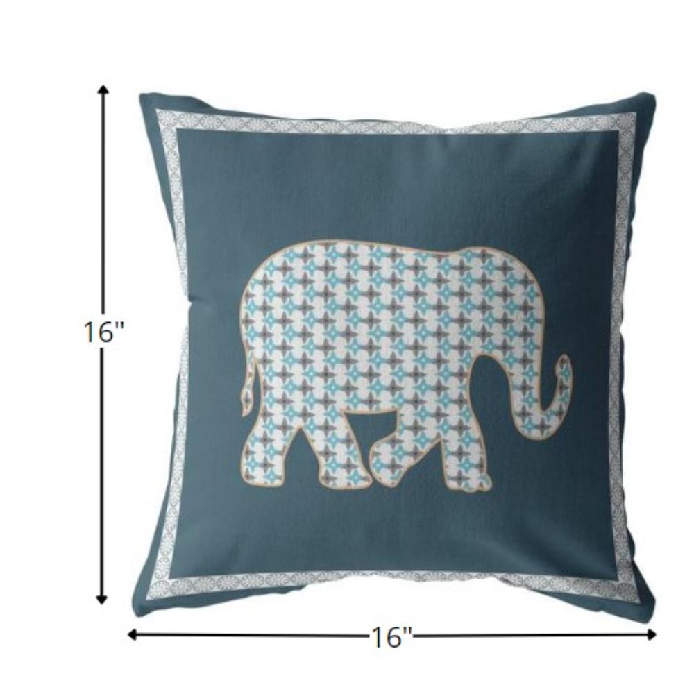 16” Spruce Blue Elephant Indoor Outdoor Zippered Throw Pillow. Picture 5