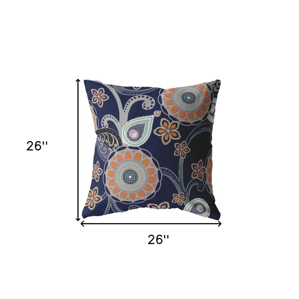 26” Indigo Orange Floral Indoor Outdoor Zippered Throw Pillow. Picture 5
