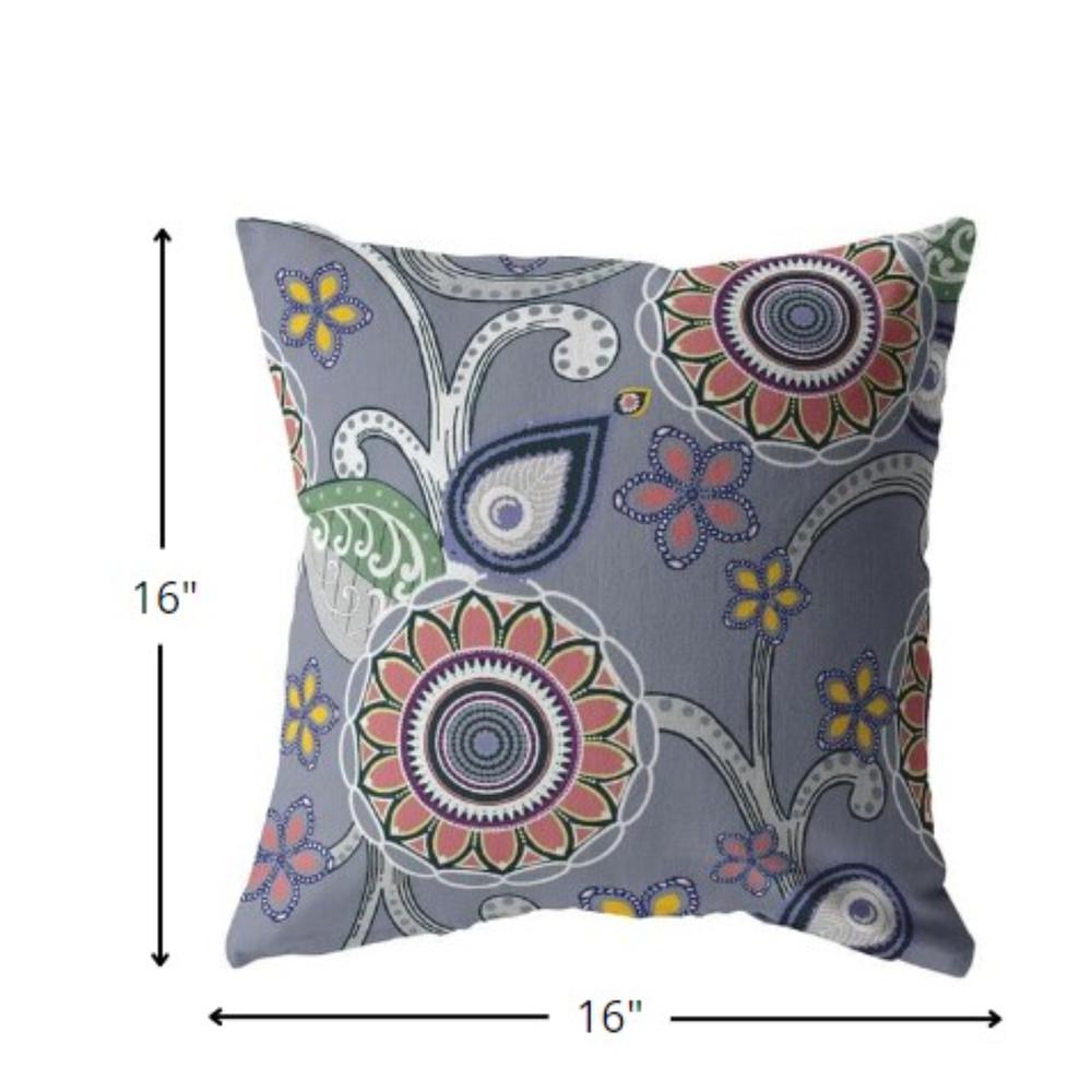 16” Gray Pink Floral Indoor Outdoor Zippered Throw Pillow. Picture 5