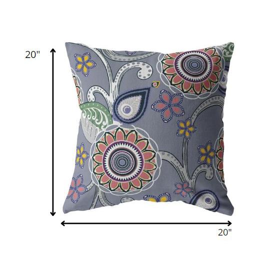 20” Gray Pink Floral Indoor Outdoor Zippered Throw Pillow. Picture 5