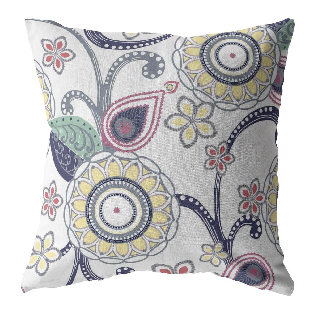16” White Yellow Floral Indoor Outdoor Zippered Throw Pillow. Picture 1