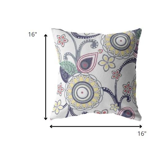 16” White Yellow Floral Indoor Outdoor Zippered Throw Pillow. Picture 5