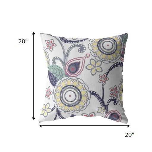 20” White Yellow Floral Indoor Outdoor Zippered Throw Pillow. Picture 5