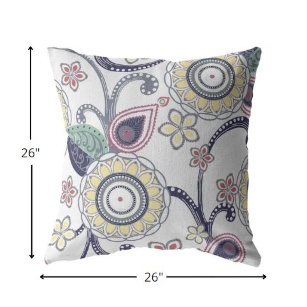 26” White Yellow Floral Indoor Outdoor Zippered Throw Pillow. Picture 5