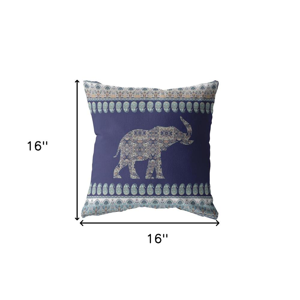 16” Navy Ornate Elephant Indoor Outdoor Zippered Throw Pillow. Picture 5