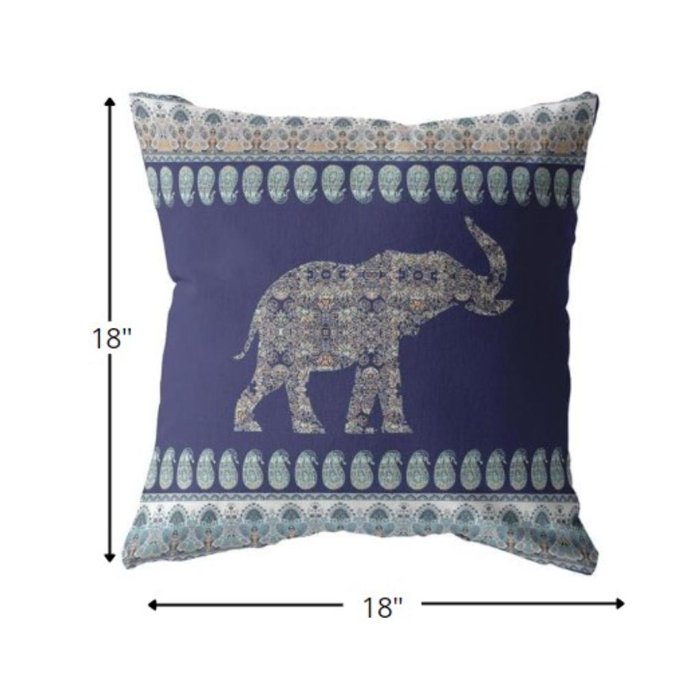 18” Navy Ornate Elephant Indoor Outdoor Zippered Throw Pillow. Picture 5