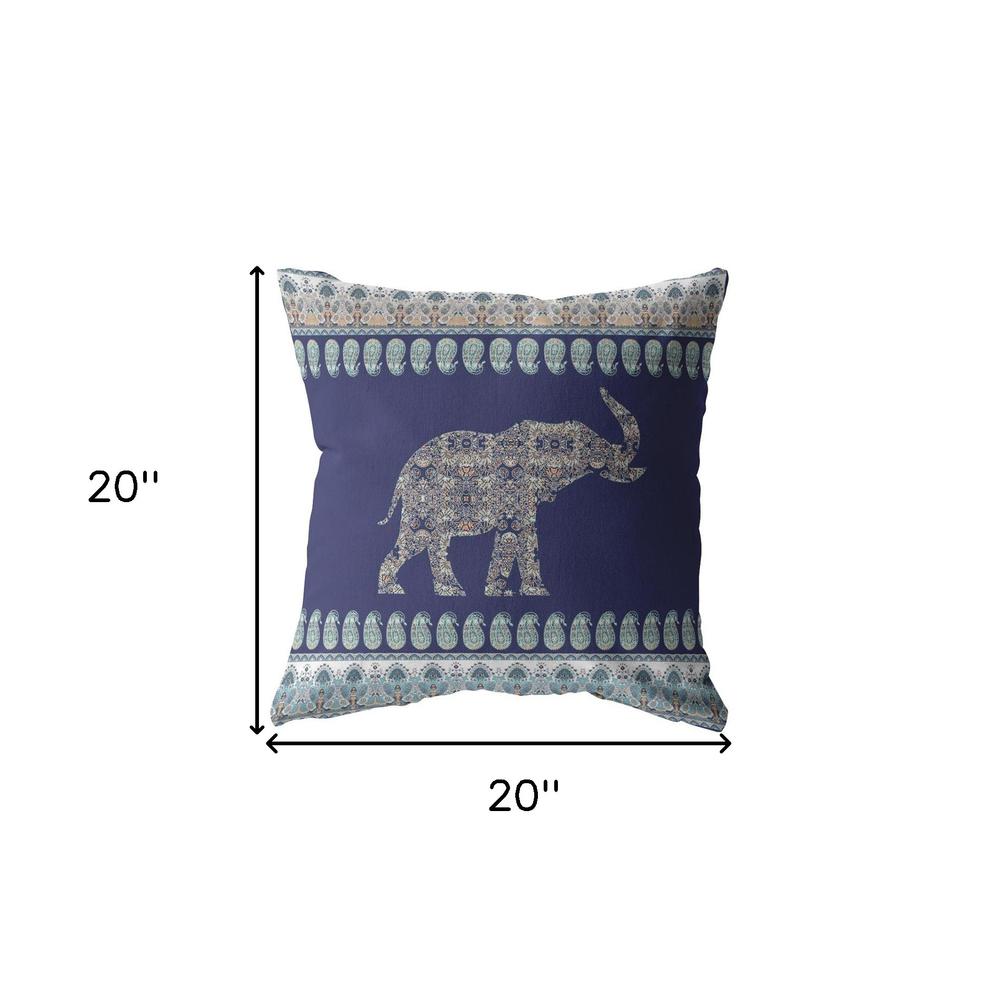 20” Navy Ornate Elephant Indoor Outdoor Zippered Throw Pillow. Picture 5