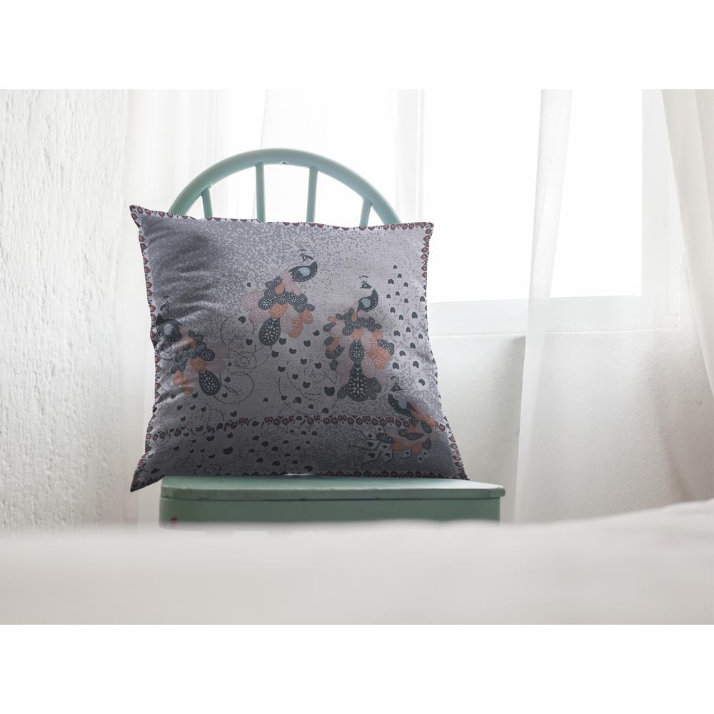 16” Gray Black Boho Bird Indoor Outdoor Zippered Throw Pillow. Picture 2