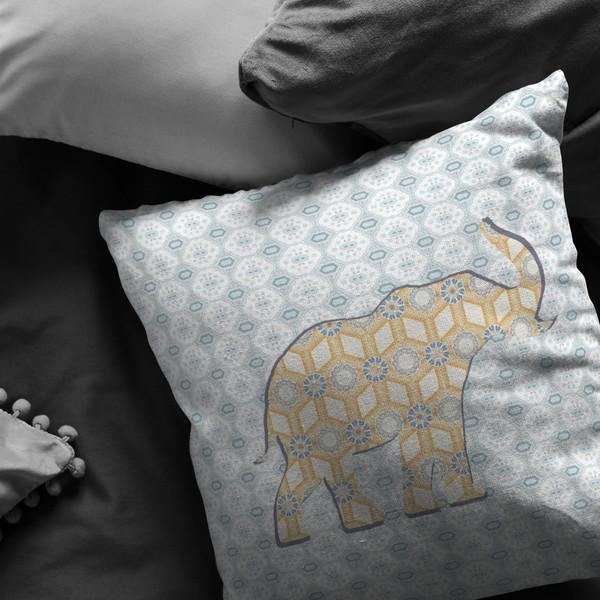 16" Blue Yellow Elephant Indoor Outdoor Zip Throw Pillow. Picture 3