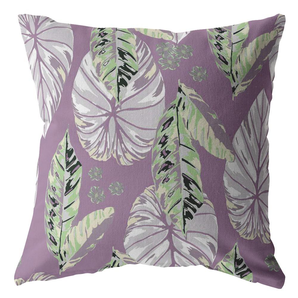 16” White Purple Tropical Leaf Indoor Outdoor Zippered Throw Pillow. Picture 1
