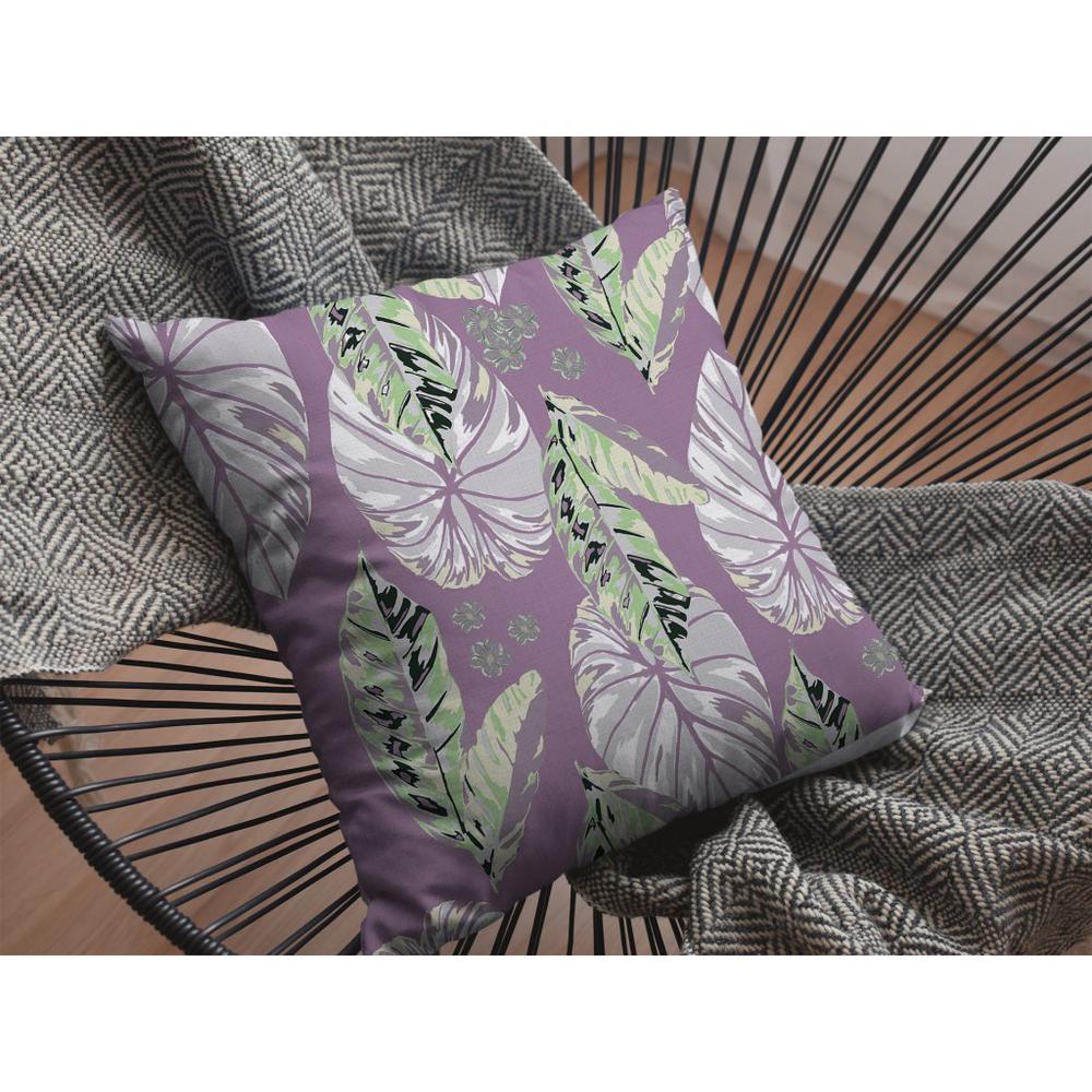26” White Purple Tropical Leaf Indoor Outdoor Zippered Throw Pillow. Picture 3