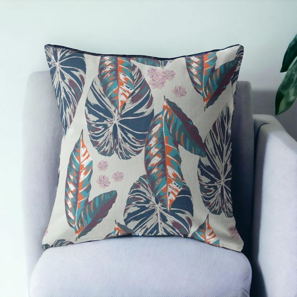 20” Blue Gray Tropical Leaf Indoor Outdoor Zippered Throw Pillow. Picture 6