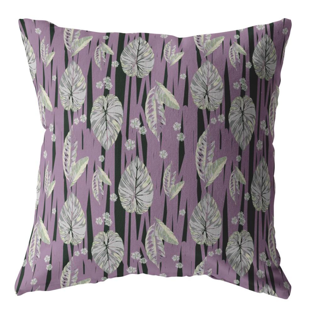 16” Lavender Black Fall Leaves Indoor Outdoor Zippered Throw Pillow. Picture 1