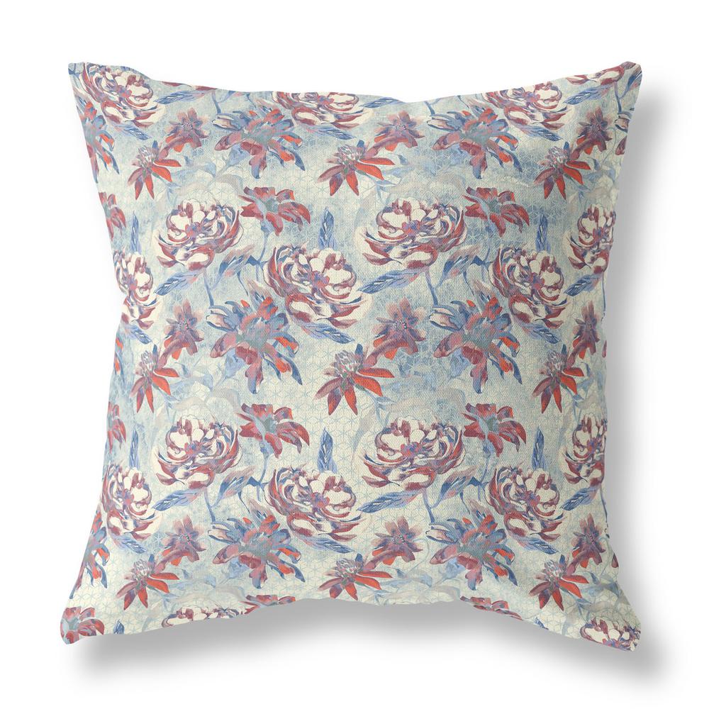 16” Red Blue Roses Indoor Outdoor Throw Pillow. Picture 1