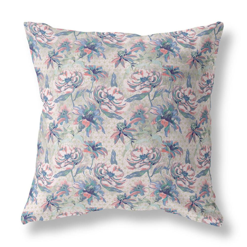 16” Blue Pink Roses Indoor Outdoor Throw Pillow. Picture 1