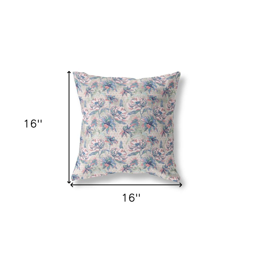 16” Blue Pink Roses Indoor Outdoor Throw Pillow. Picture 4