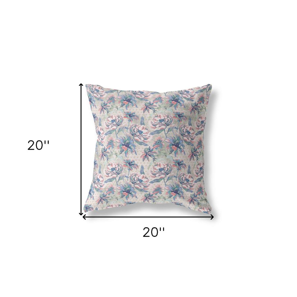 20” Blue Pink Roses Indoor Outdoor Throw Pillow. Picture 4
