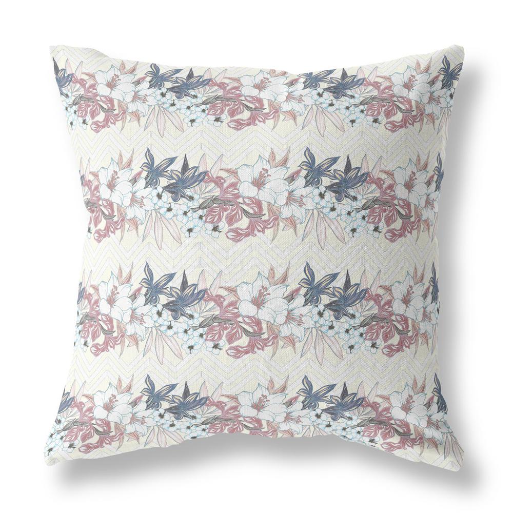 18" X 18" White And Pink Blown Seam Floral Indoor Outdoor Throw Pillow. Picture 2